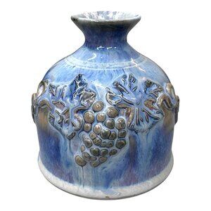 Vintage Olson Signed Blue Pottery Bud Vase Embossed Grapes & Leaves Design 5"